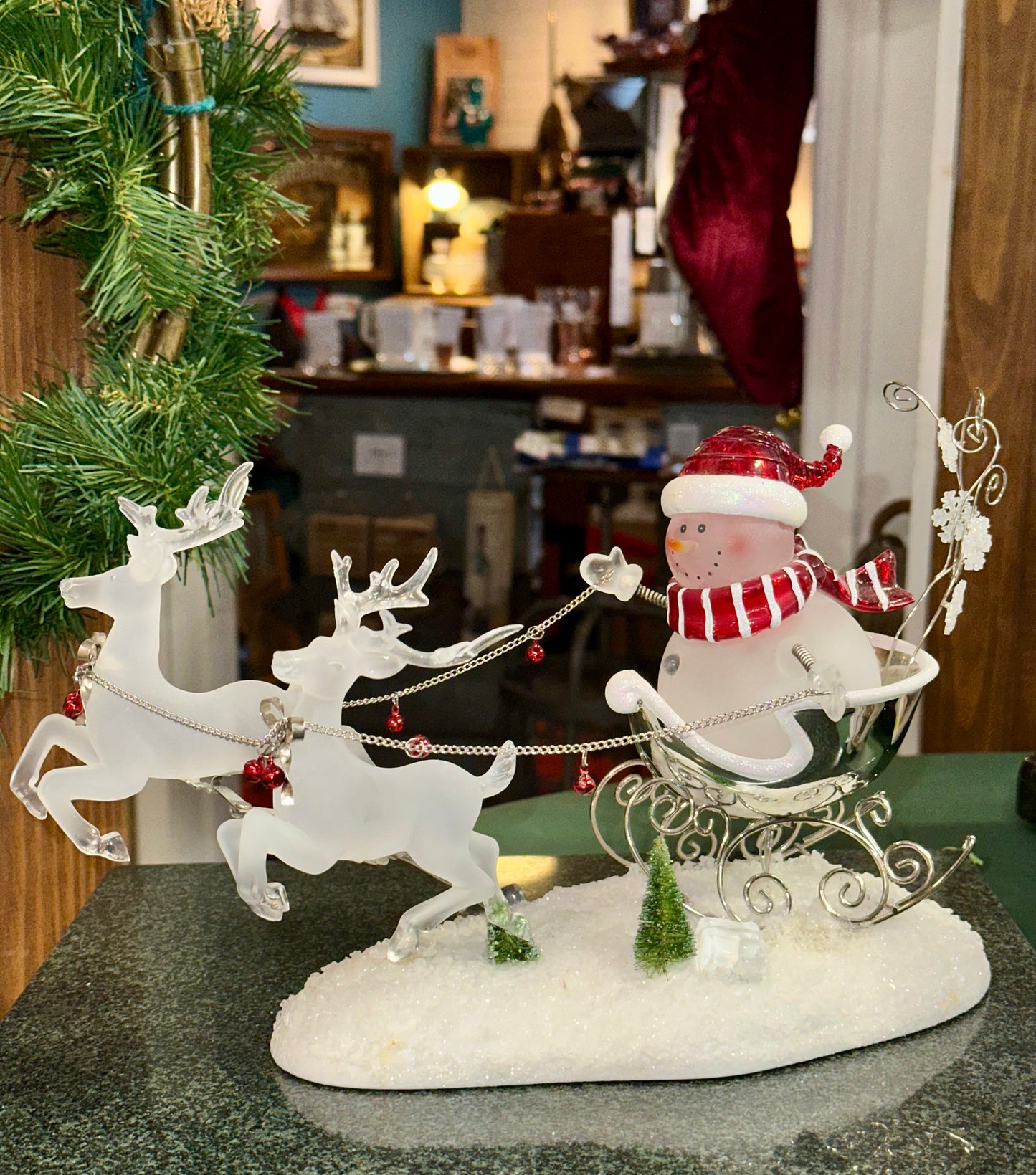 Light-Up Snowman Sleigh with Acrylic Reindeer Holiday Figurine