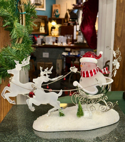 Light-Up Snowman Sleigh with Acrylic Reindeer Holiday Figurine