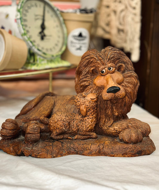 Vintage Lion and Lamb Figurine – Heavy Plaster Sculpture, Rustic Folk Style