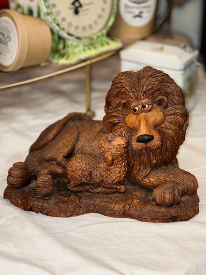 Vintage Lion and Lamb Figurine – Heavy Plaster Sculpture, Rustic Folk Style
