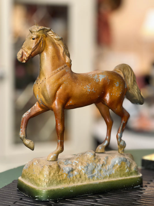 Vintage Cast Metal Prancing Horse Figurine – Painted Spelter, Early–Mid 20th Century
