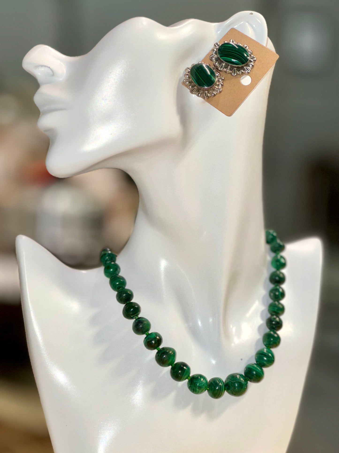 Malachite beaded necklace and earrings 
