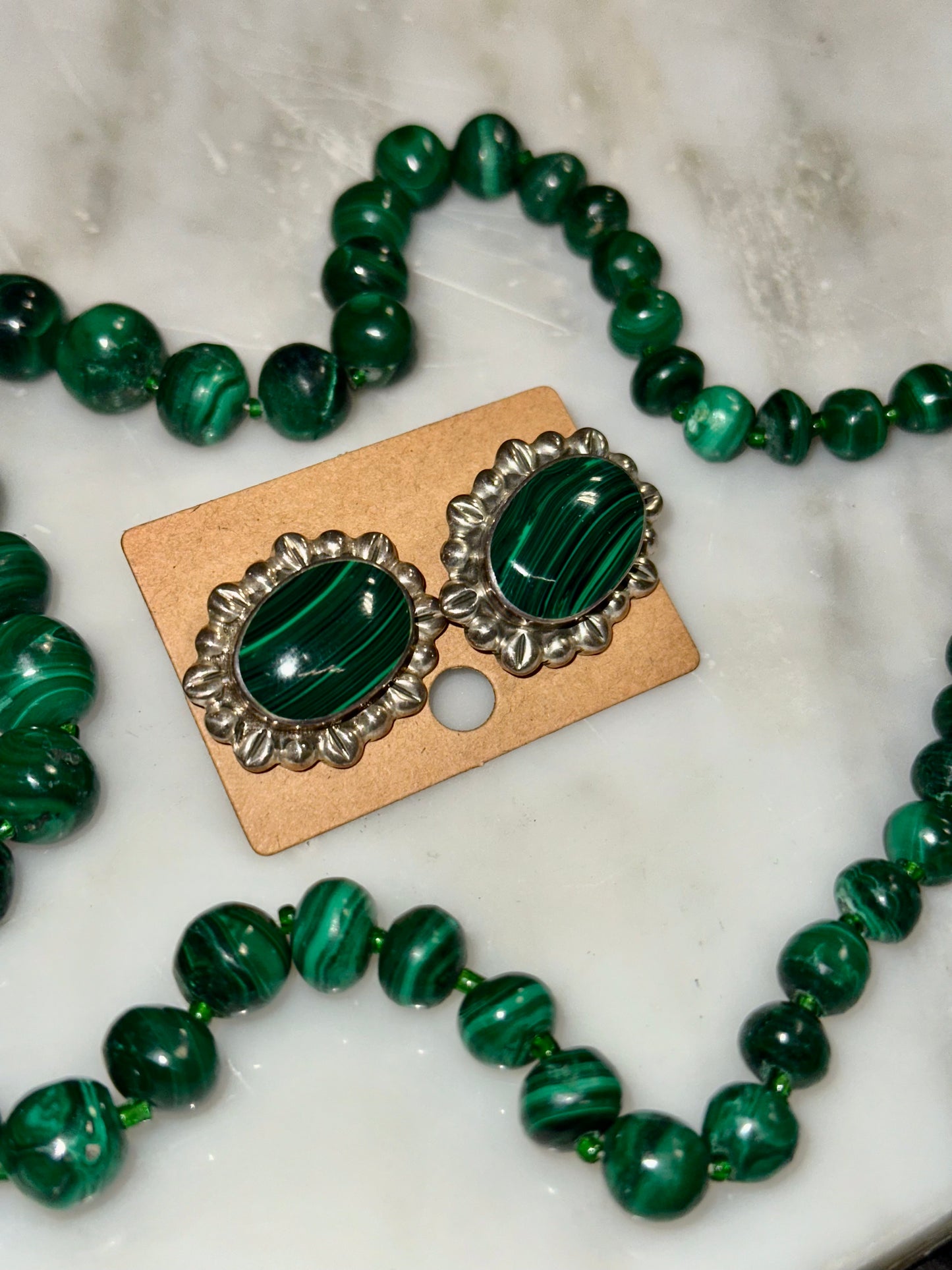 Green malachite jewelry set necklace and earrings