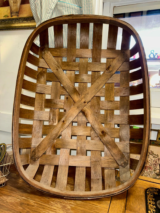 vintage wooden basket tray handwoven rustic farmhouse decor
