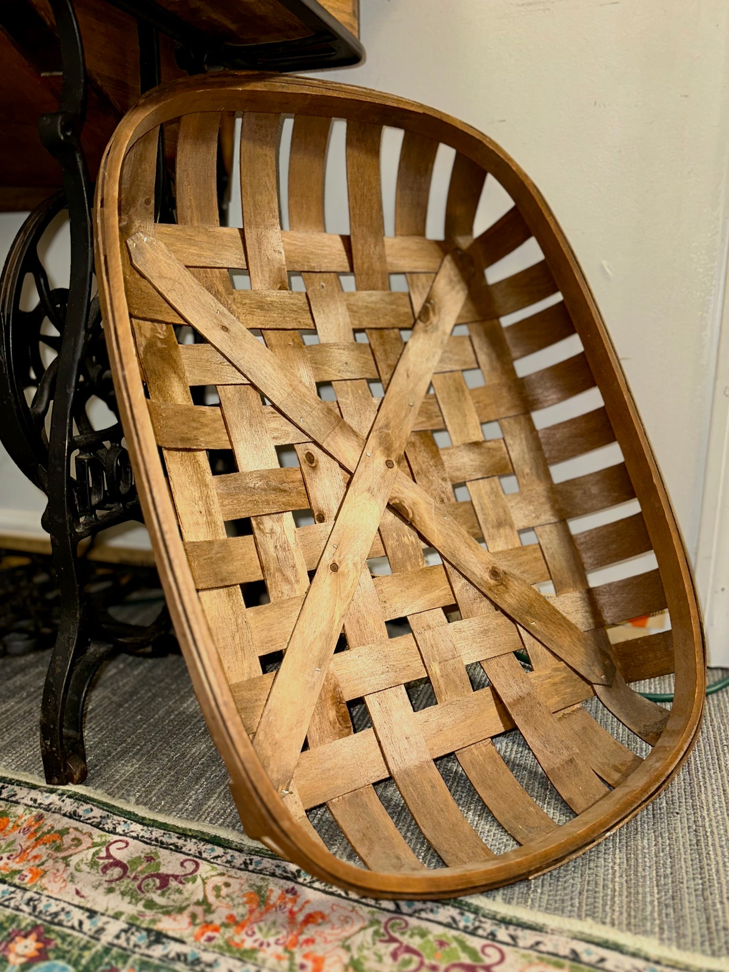 farmhouse style wooden serving tray woven basket vintage