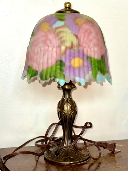 vintage floral glass table lamp hand painted shade brass base