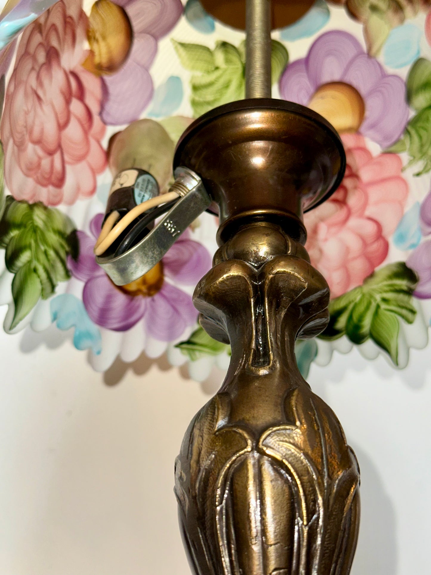 rustic cottage lamp hand painted flowers glass shade close up