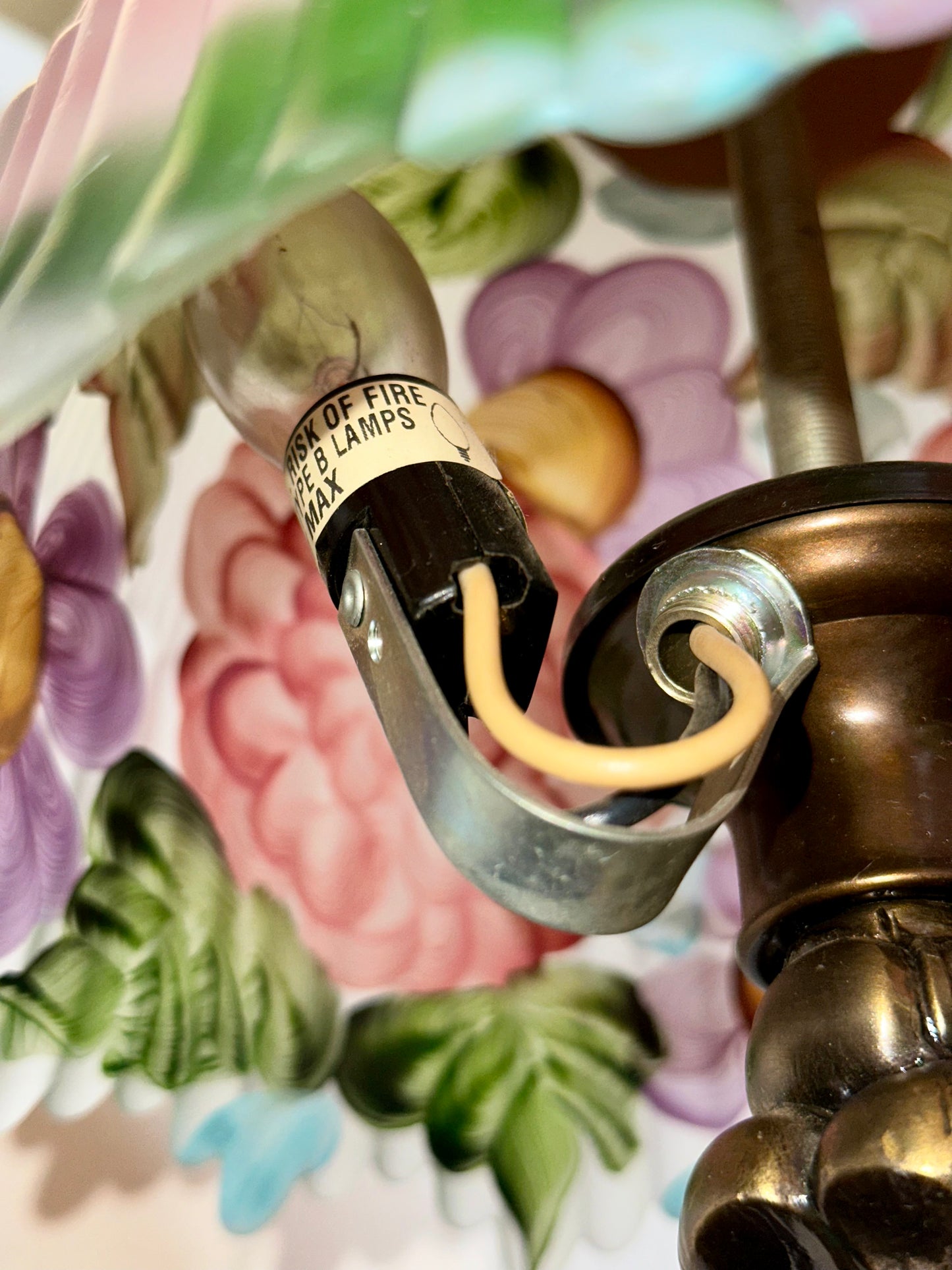 vintage lamp wiring detail small bulb socket floral shade