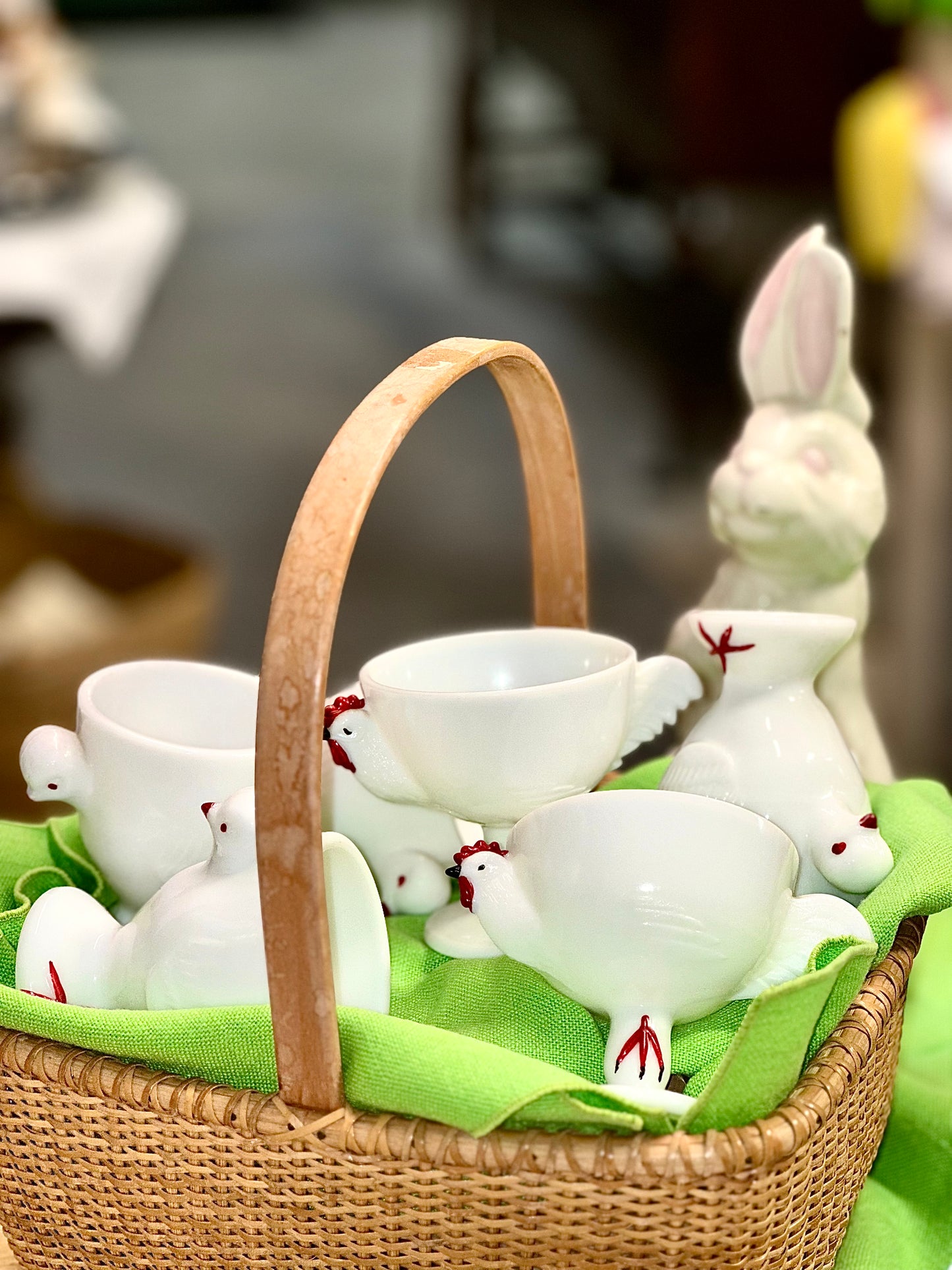Vintage milk glass chicken egg cups set rooster and hen farmhouse kitchen decor egg holders