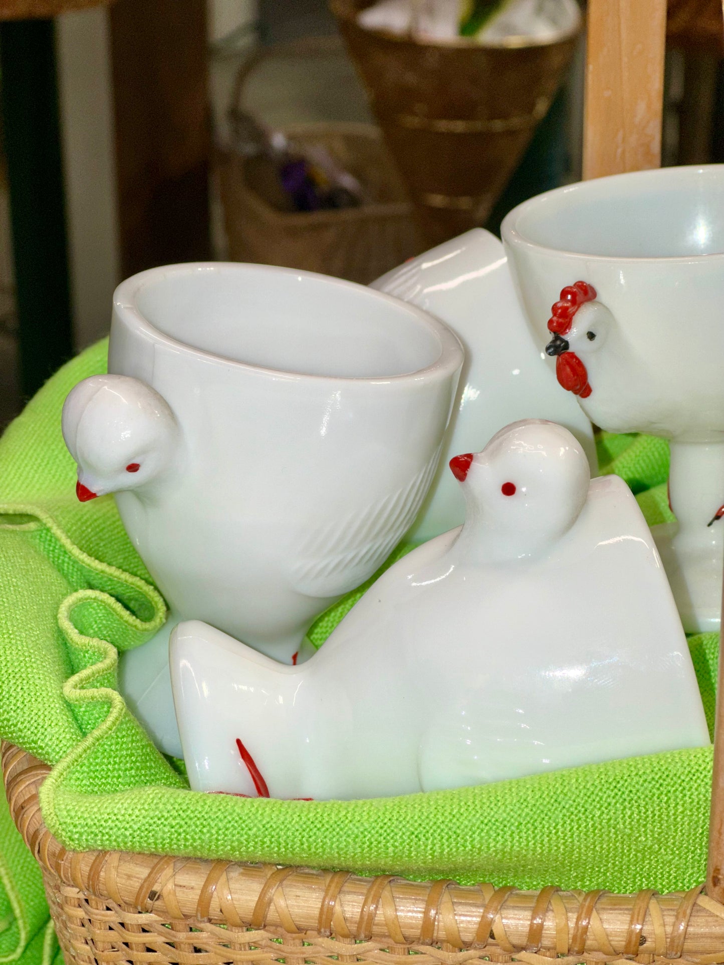 Close up vintage chicken egg cup milk glass rooster hen hand painted red accents