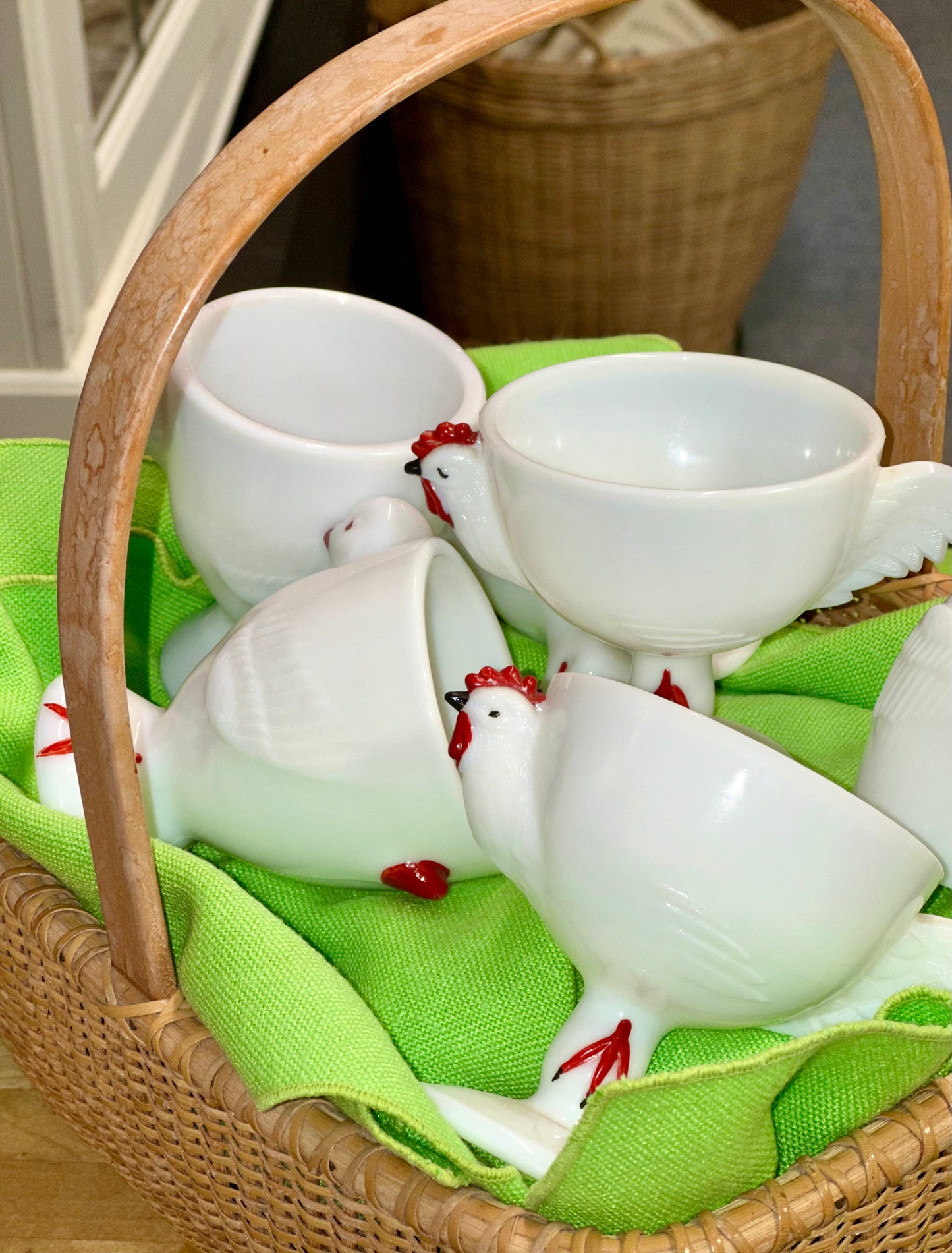 Vintage chicken egg cup dual sided design milk glass rooster hen egg holder farmhouse decor