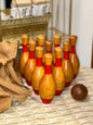 Vintage wooden bowling set red natural pins ball canvas bag retro game