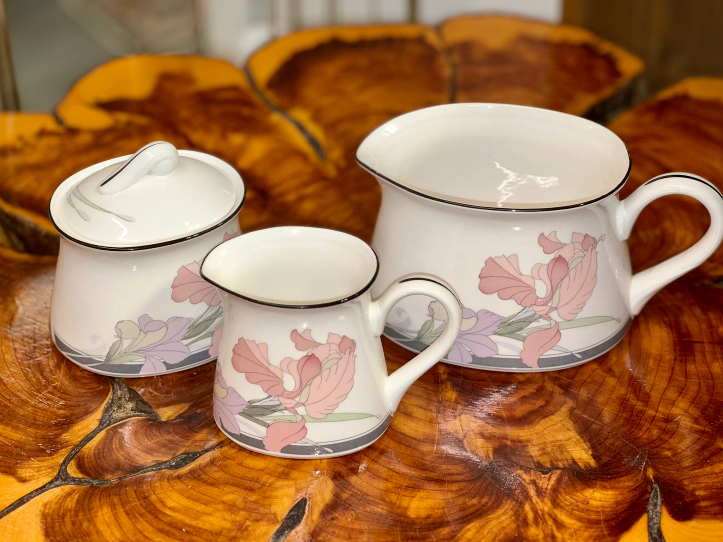 Noritake New Decade Cafe du Soir creamer sugar bowl mug set floral porcelain