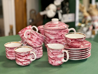 Vintage Tułowice porcelain tea set pink marble swirl 15 piece Polish tea service