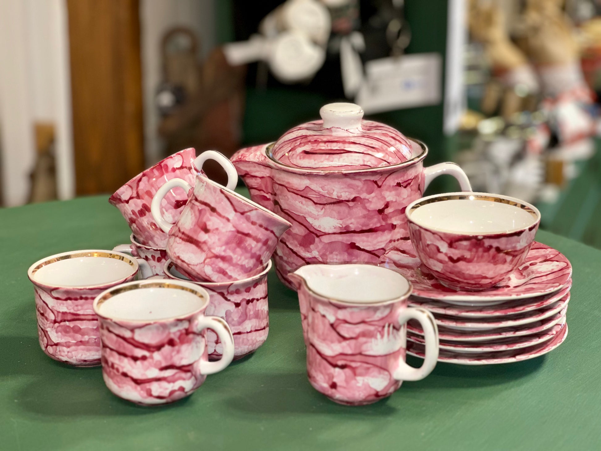 Vintage Tułowice porcelain tea set pink marble swirl 15 piece Polish tea service