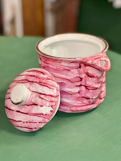 Close up vintage Polish tea set pink and white marbled glaze teapot cups