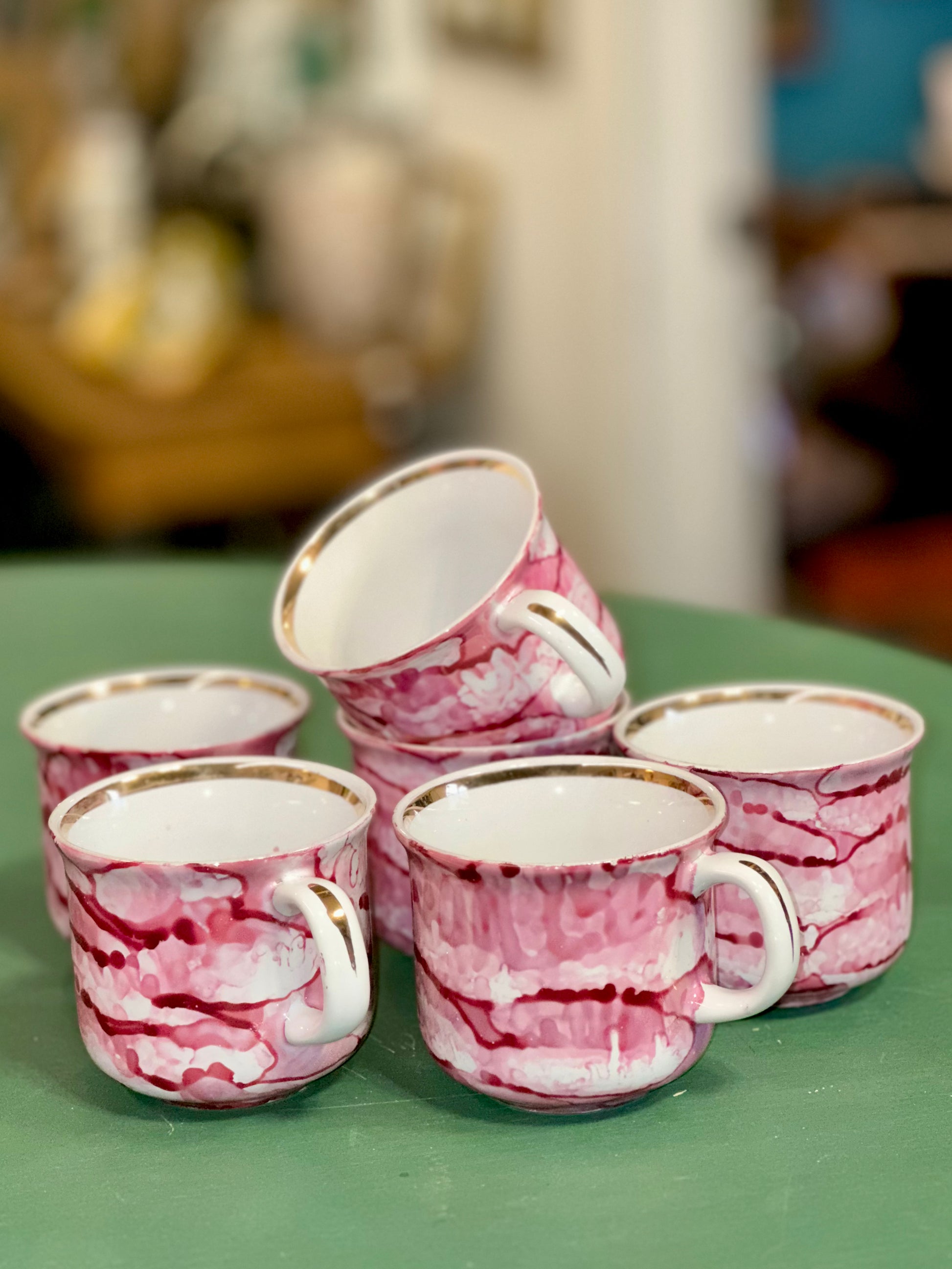 Elegant pink marble tea set vintage European porcelain tea service