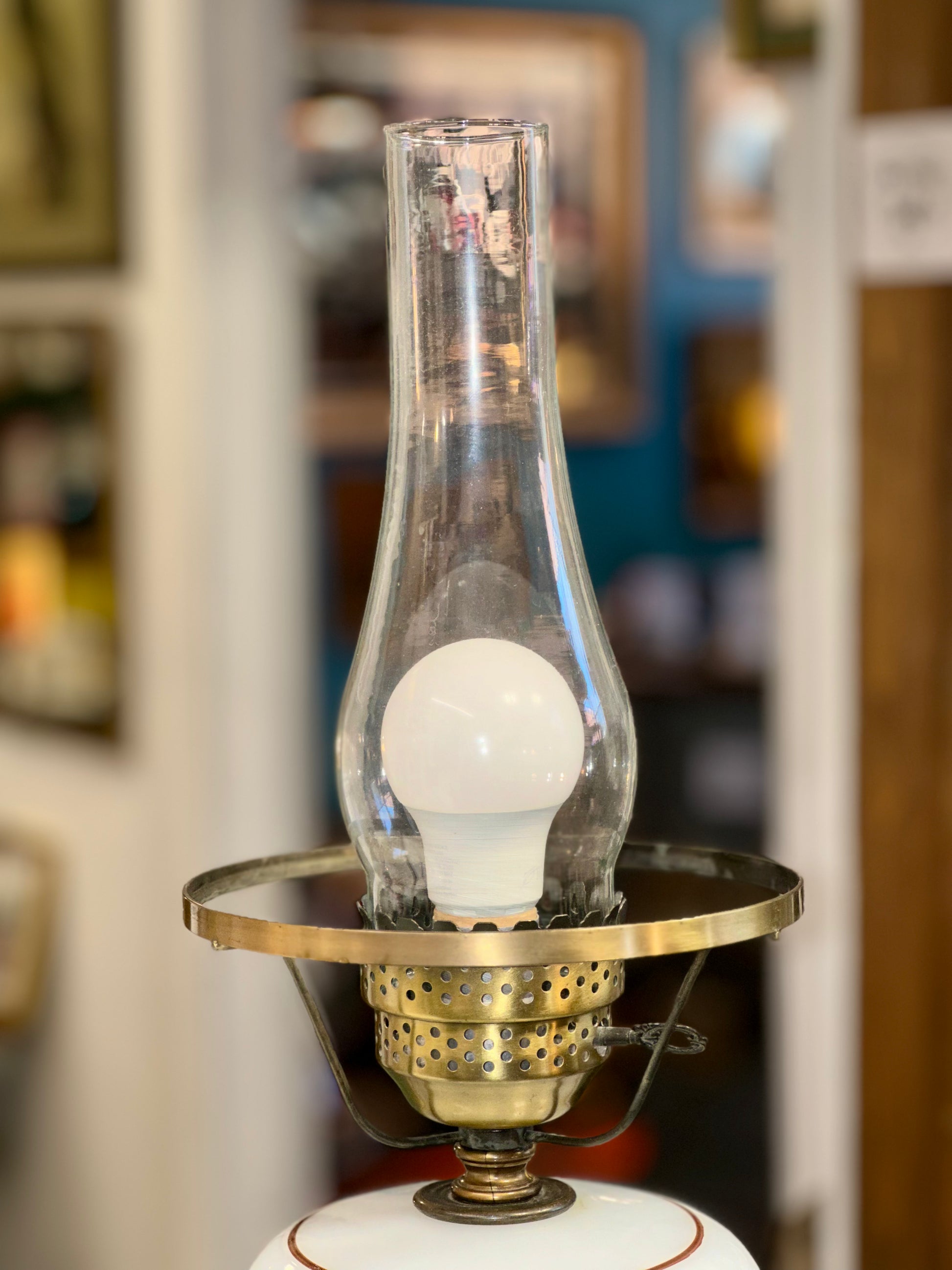 Side view vintage hurricane lamp milk glass floral pattern home decor