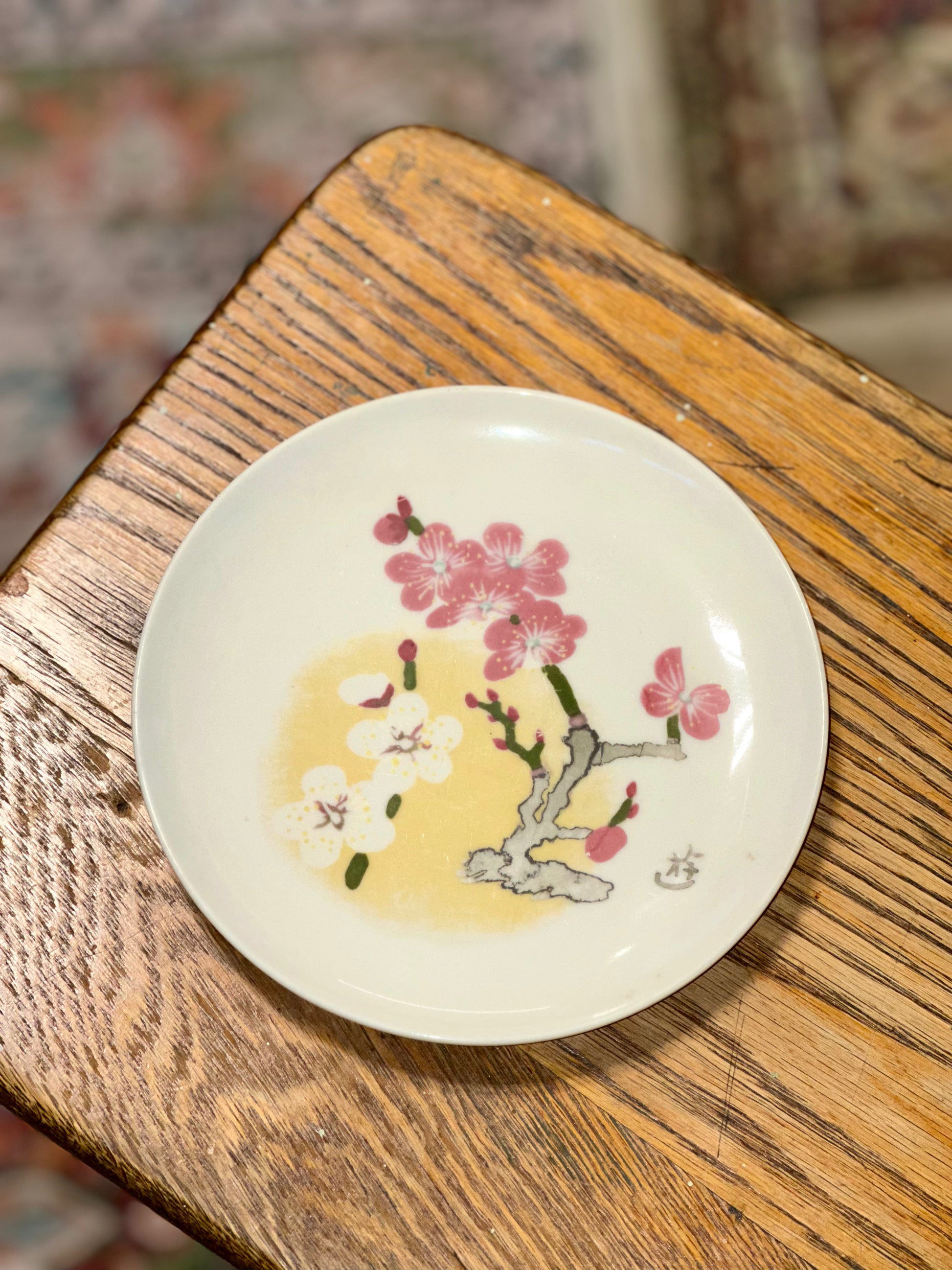 Vintage Japanese plate pink blossom branch design ceramic
