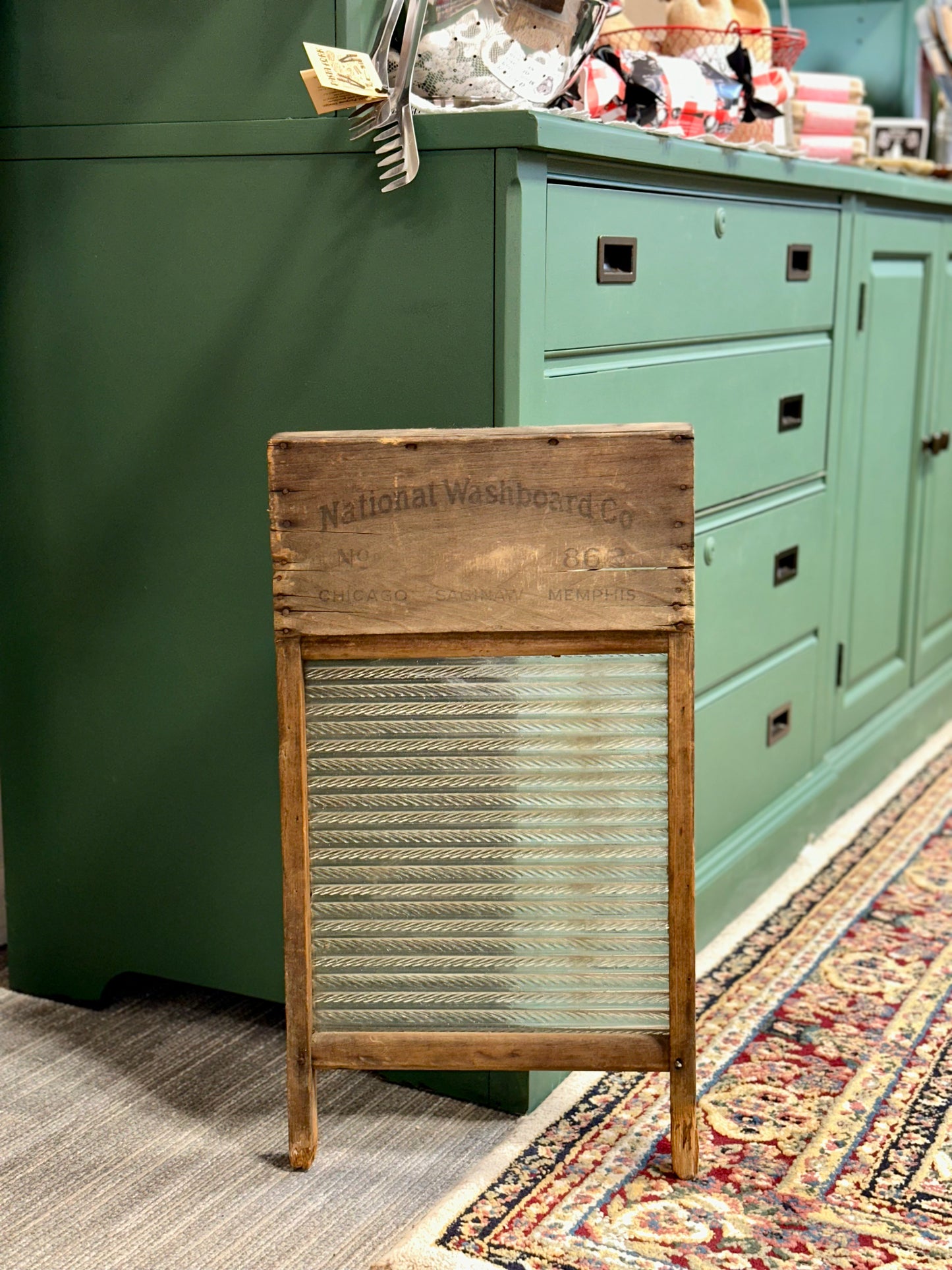 National Washboard Co No. 862 antique glass washboard with wood frame