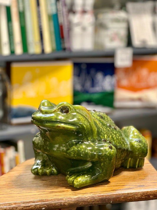 Vintage green ceramic frog sculpture with glossy majolica style glaze