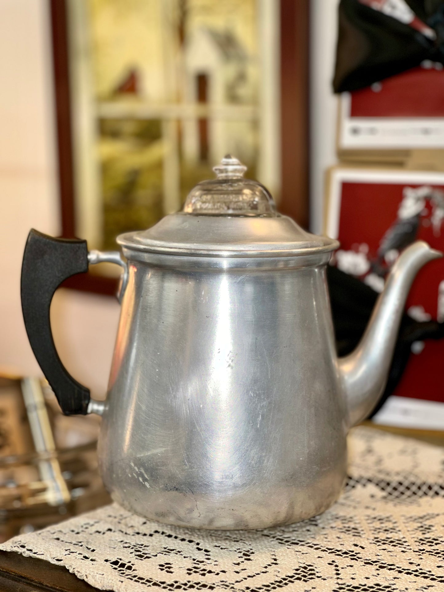 Antique stove top aluminum coffee percolator with glass lid insert and long spout