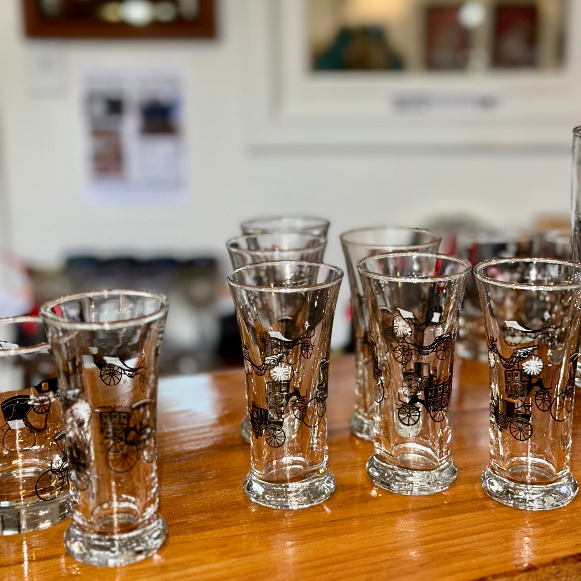 Mid century modern cocktail glass with carriage illustrations