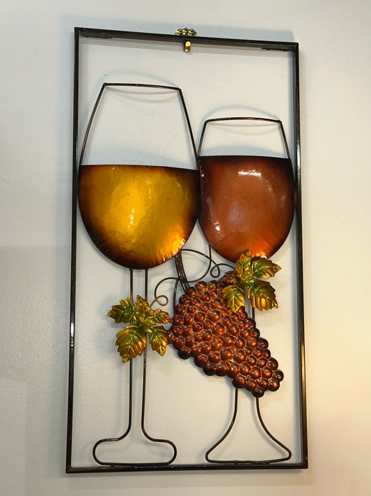 Rustic metal wine glass wall decor with grapes and vineyard leaves