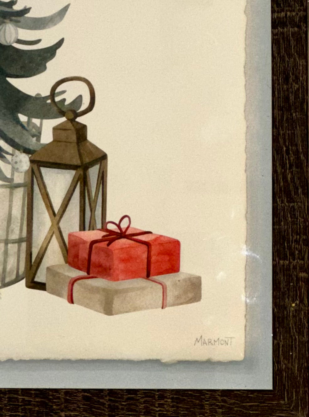 Close up of Marmont signature on Christmas dog framed artwork