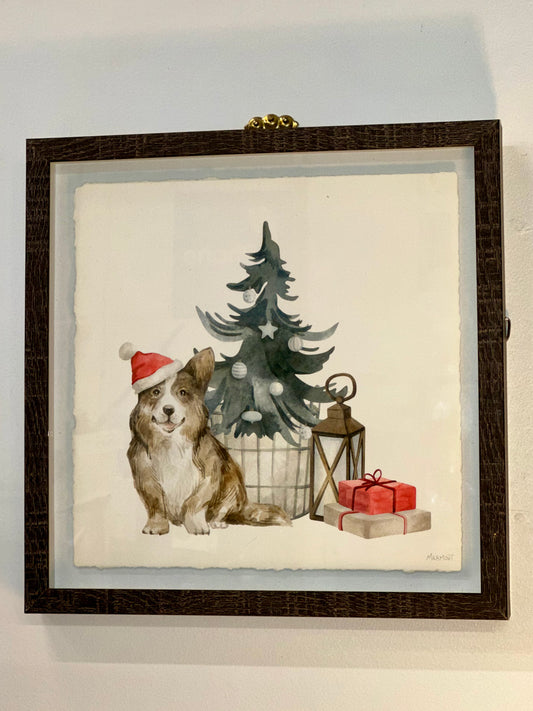 Framed Christmas corgi wall art print with Santa hat and holiday tree