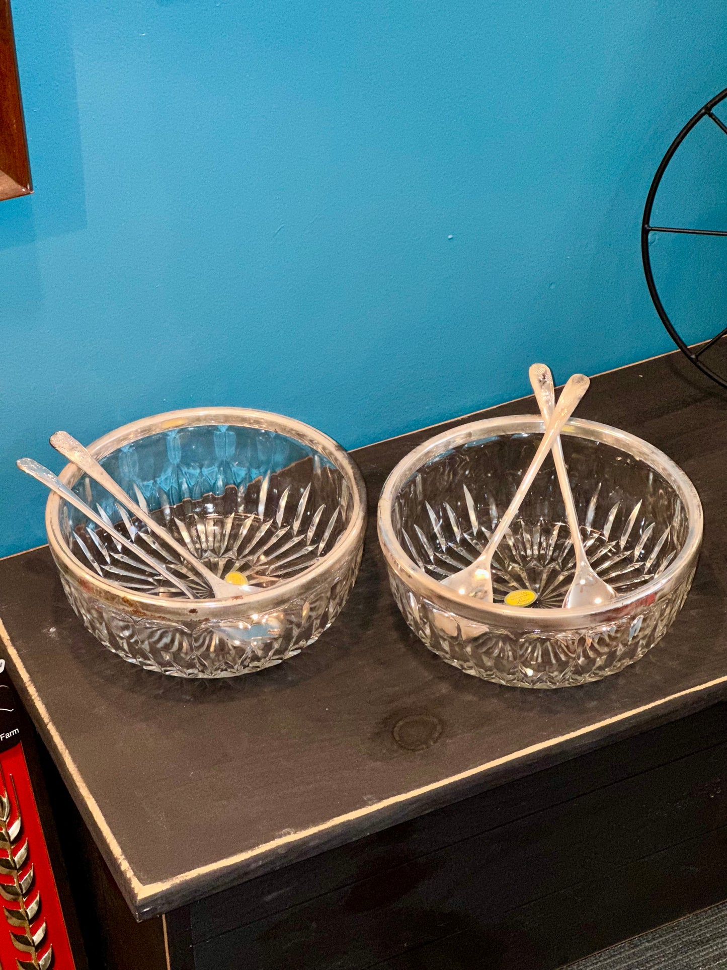 Pair of vintage Leonard Italy crystal salad bowls with silver-plated serving spoons and forks