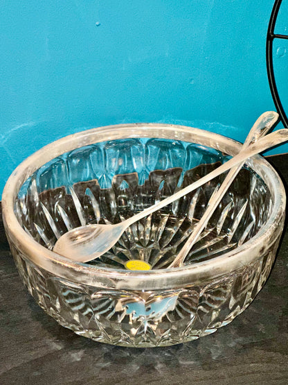 Leonard Italy crystal and silver plate salad bowl with original manufacturer label and utensils