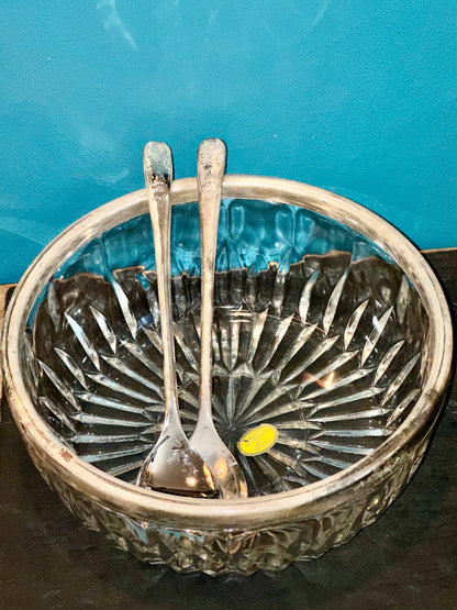 Vintage Leonard Italy crystal serving bowl with silver-plated rim and matching salad serving utensils