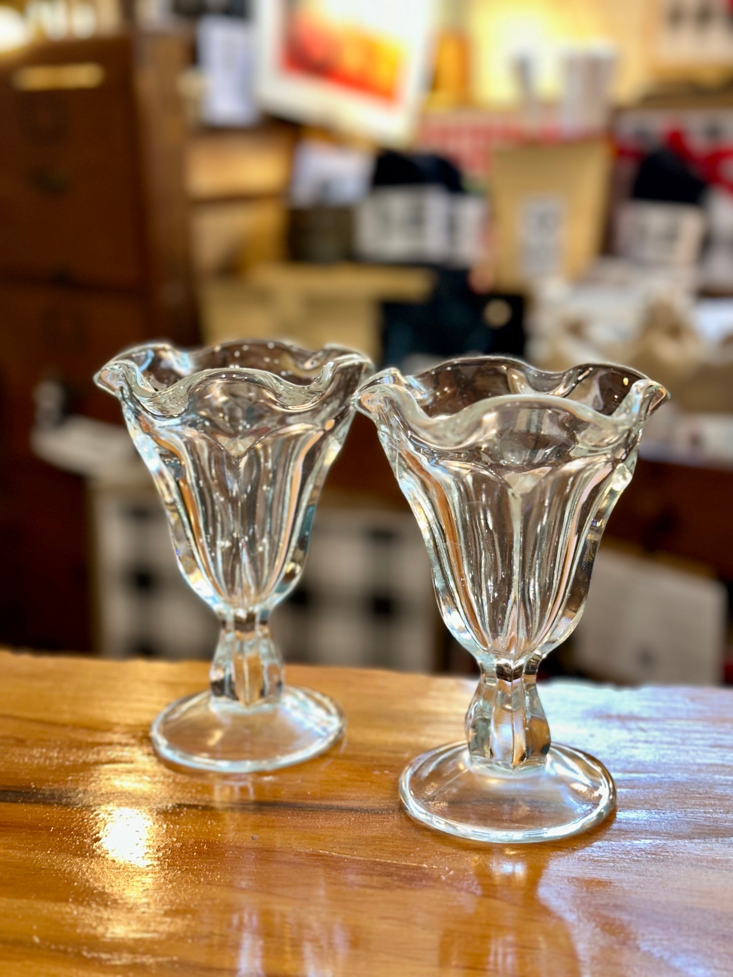 Pair of vintage pressed glass tulip sundae glasses with ruffled rims