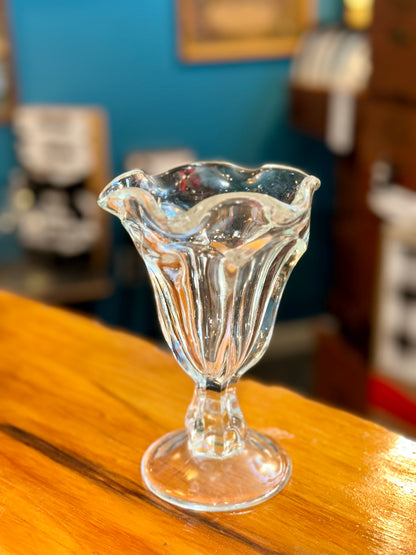 Heavy clear glass parfait dessert cups on pedestal stems