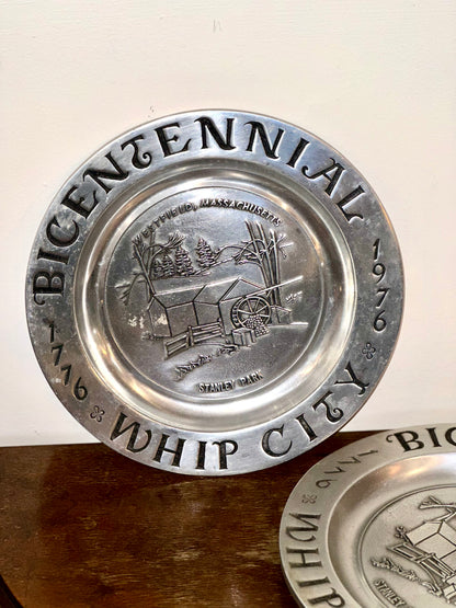 Americana Bicentennial pewter plate featuring New England landscape