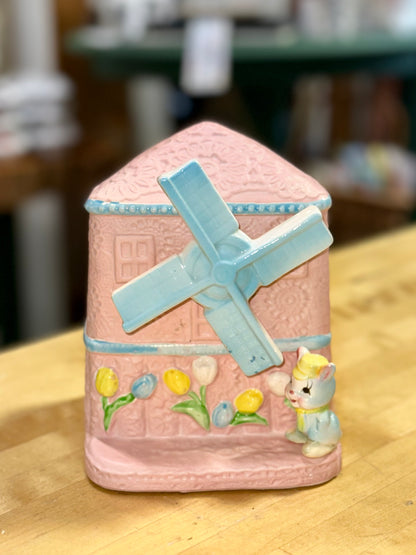 Decorative pink windmill planter with music box