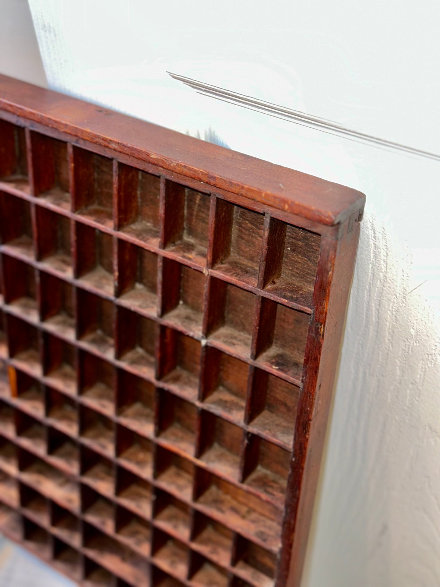 Antique style wooden compartment shelves and display trays for thimbles, miniatures, and memorabilia