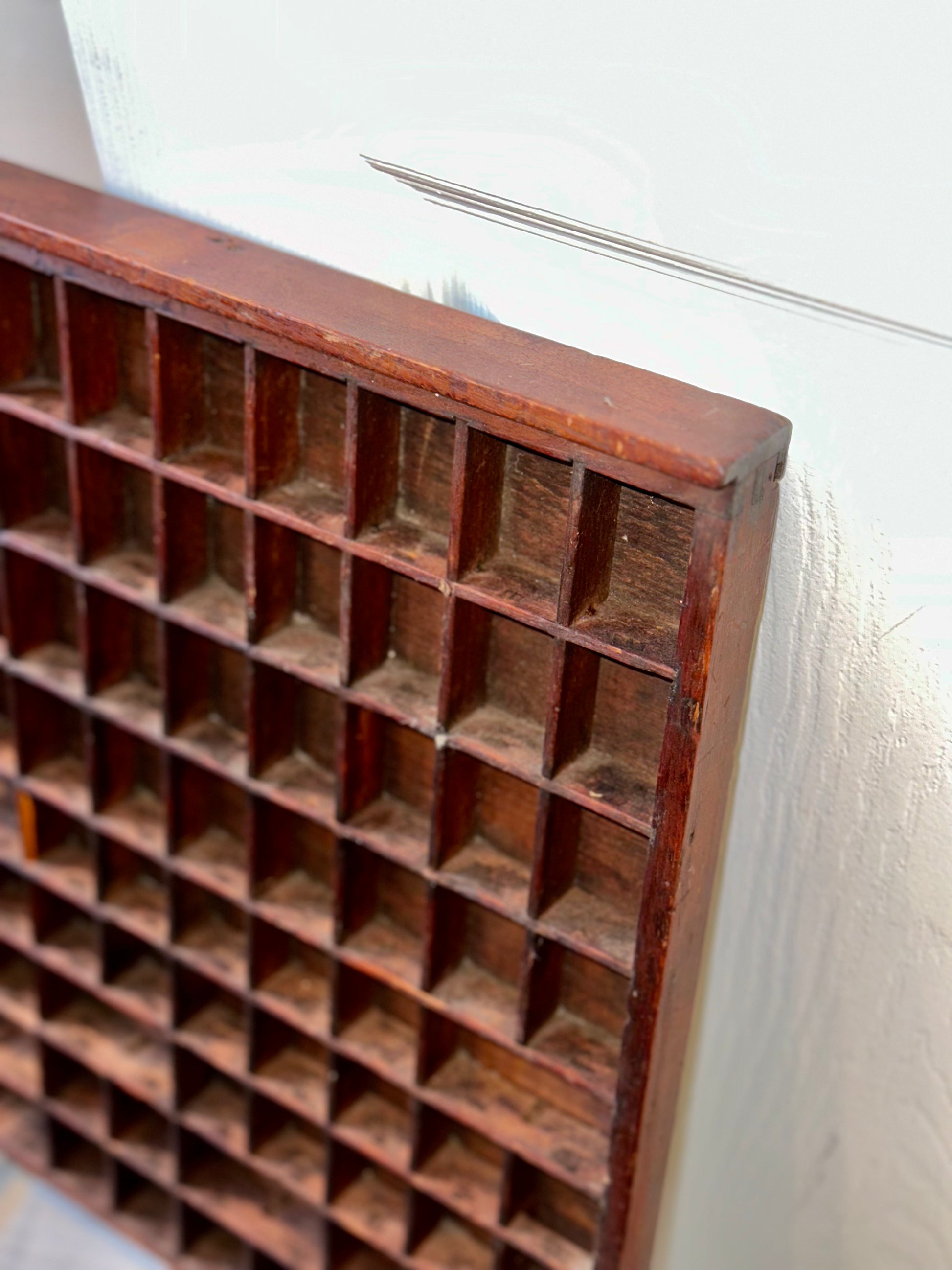 Antique style wooden compartment shelves and display trays for thimbles, miniatures, and memorabilia