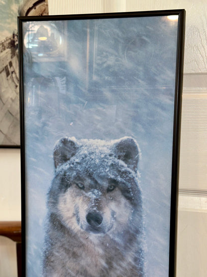 Vertical gray wolf wall art featuring snowy winter landscape