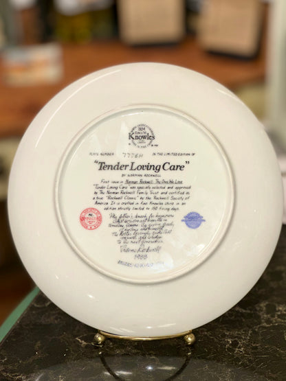 Back of Norman Rockwell Tender Loving Care Knowles collector plate showing edition number 7776H and Bradex mark