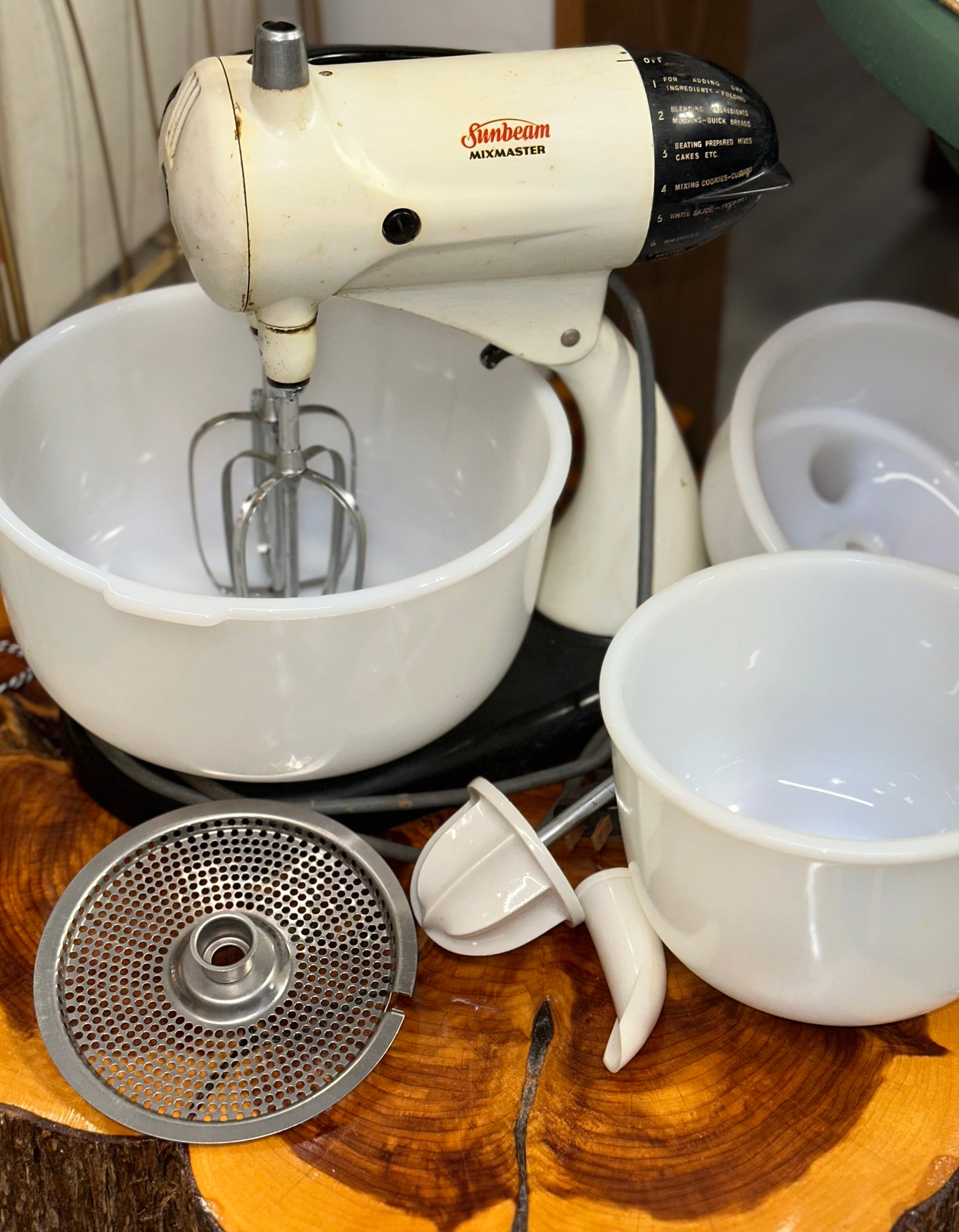 Retro Sunbeam kitchen mixer with juicer attachment and original mixing bowls