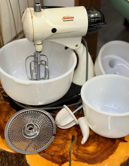 Retro Sunbeam kitchen mixer with juicer attachment and original mixing bowls