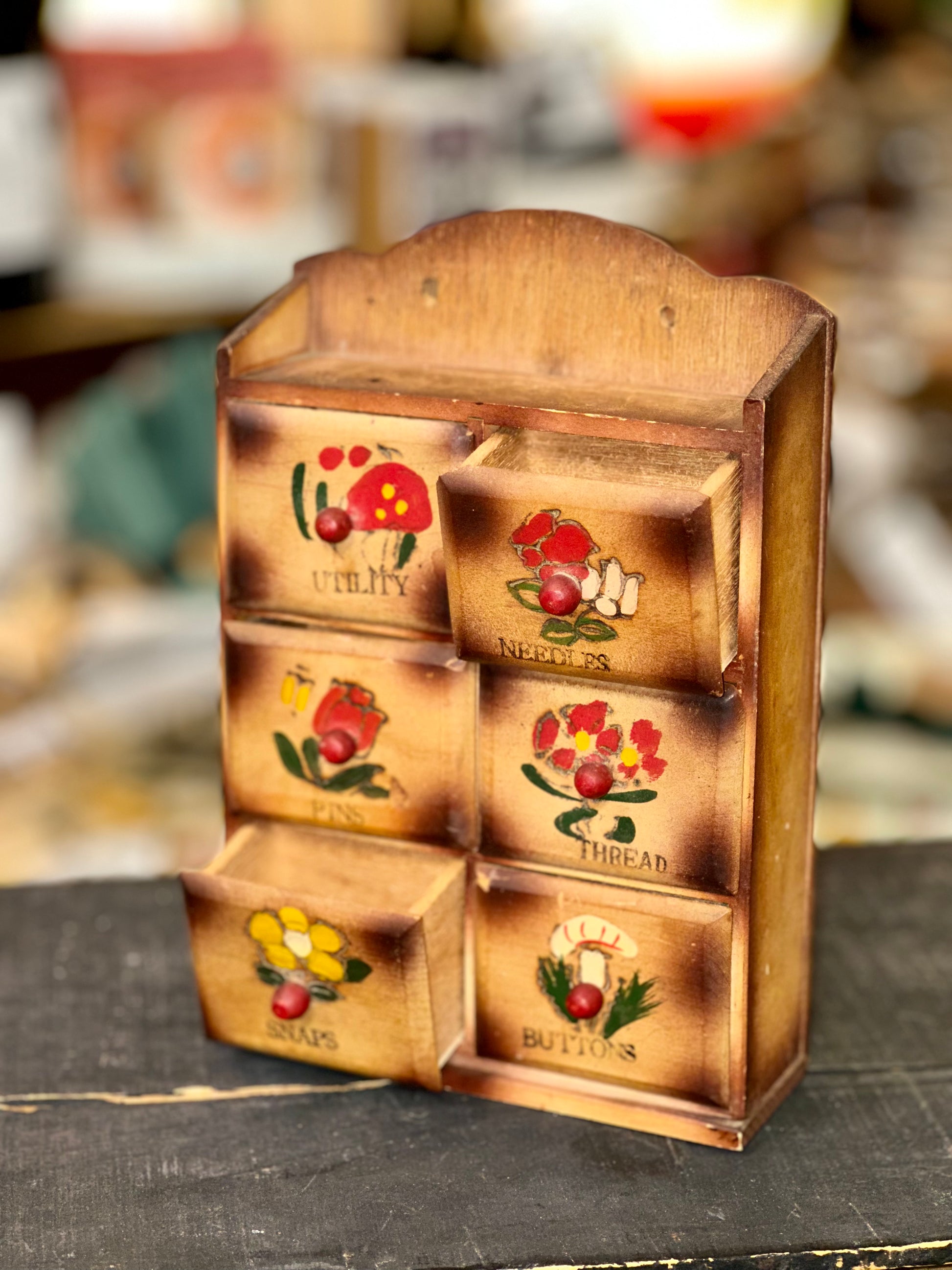 Primitive country style wooden organizer drawers for crafts and collectibles