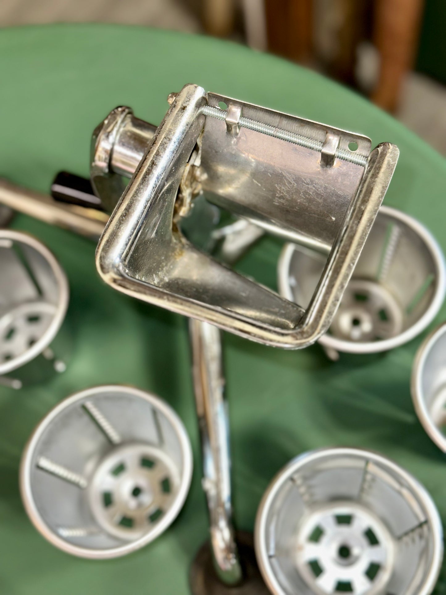 Complete vintage Saladmaster grater set with interchangeable rotary drums.