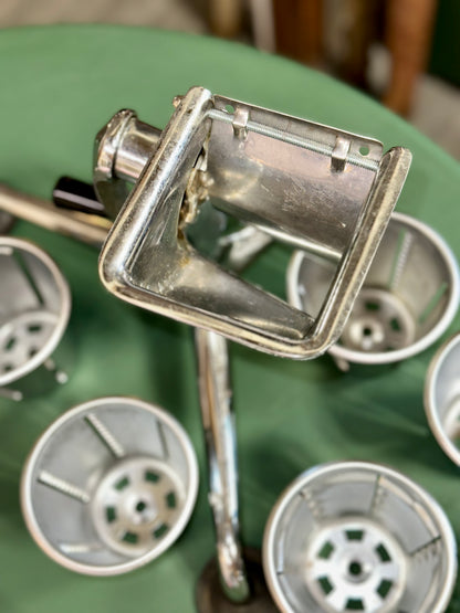 Complete vintage Saladmaster grater set with interchangeable rotary drums.