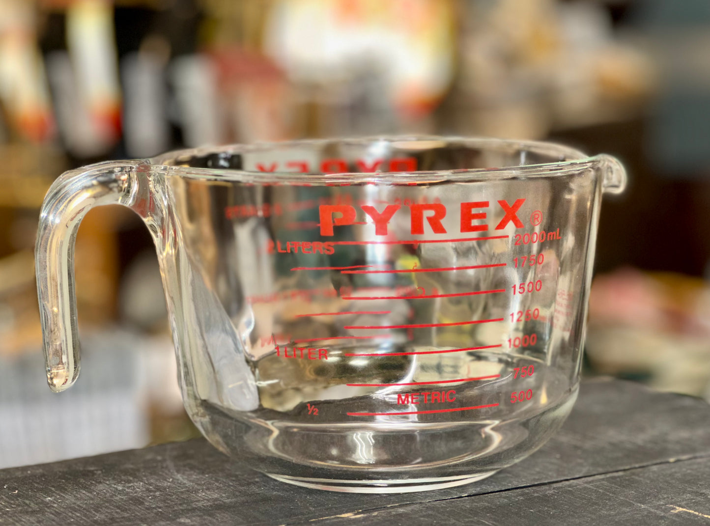 Pyrex 2-liter glass measuring cup with red measurement marking