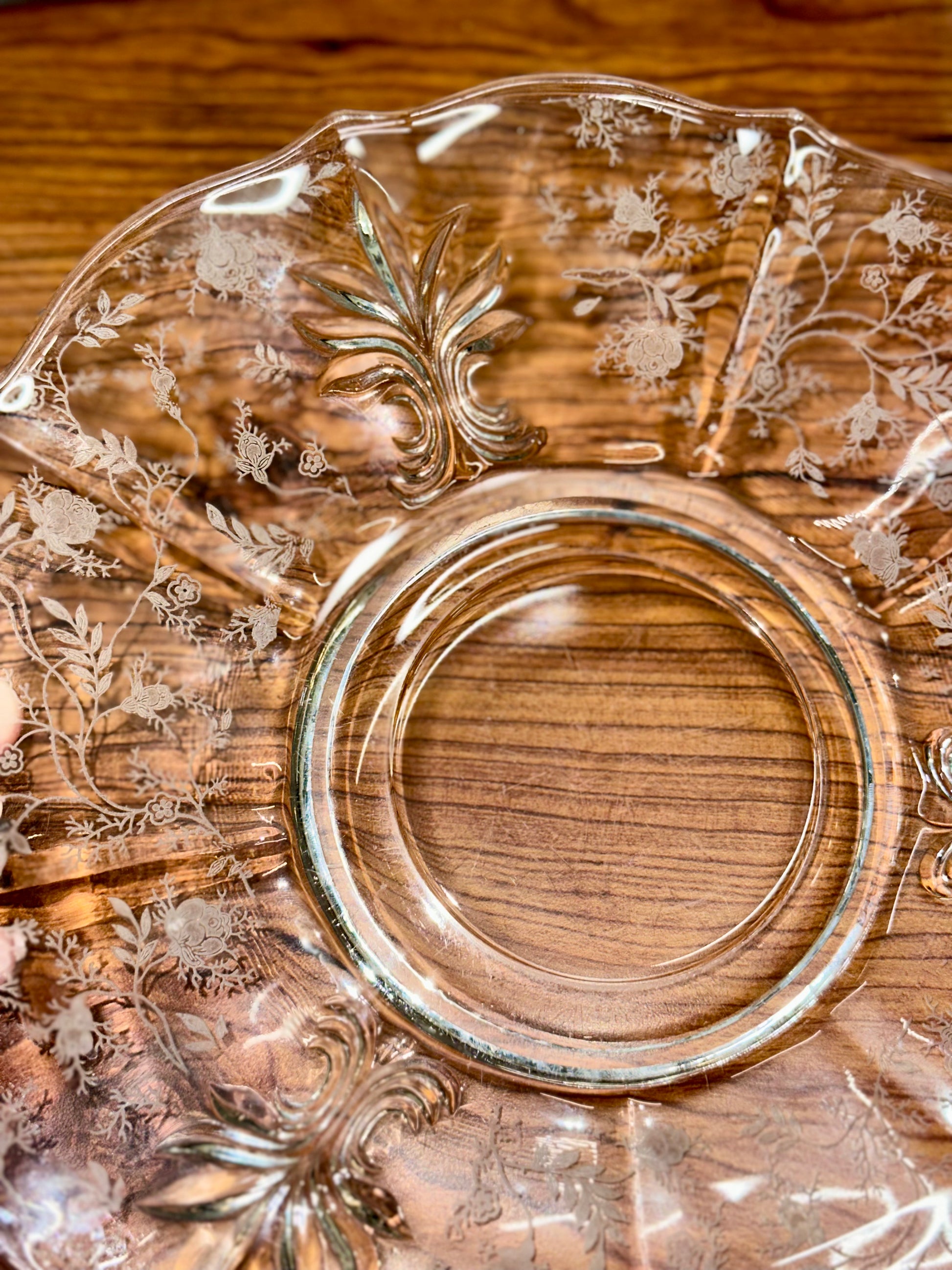 Vintage etched floral clear glass serving plate 