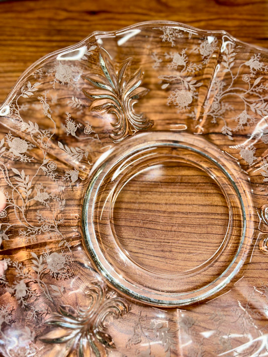 Vintage etched floral clear glass serving plate 