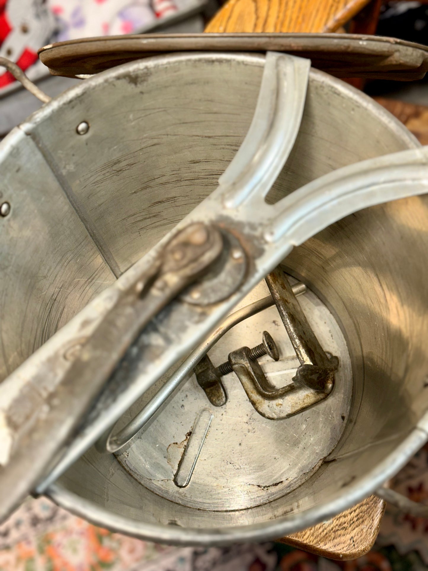 Antique hand crank dough mixer with original lid